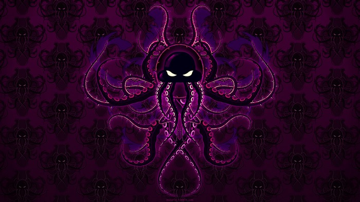Dark octopus with glowing eyes on purple background