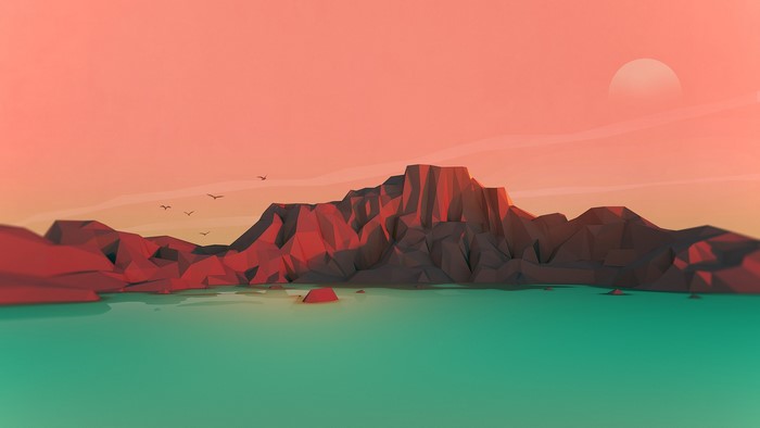 Low poly mountains and lake at sunset