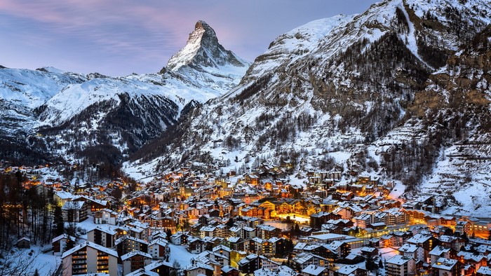 Zermatt village and the Matterhorn mountain in winter