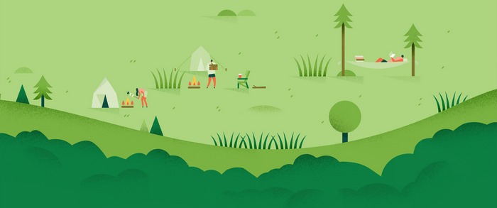 Minimalist camping scene with people and tents