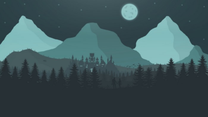 Castle on a hill with mountains and moon