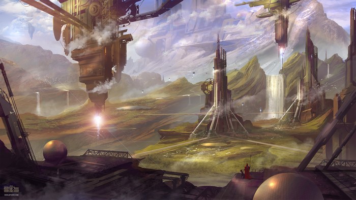 Futuristic city with waterfalls and flying vehicles