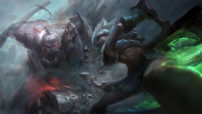 Riven fighting Sion from League of Legends