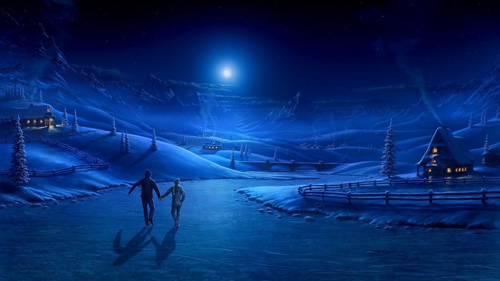 Couple Ice Skating on Moonlit Frozen Lake