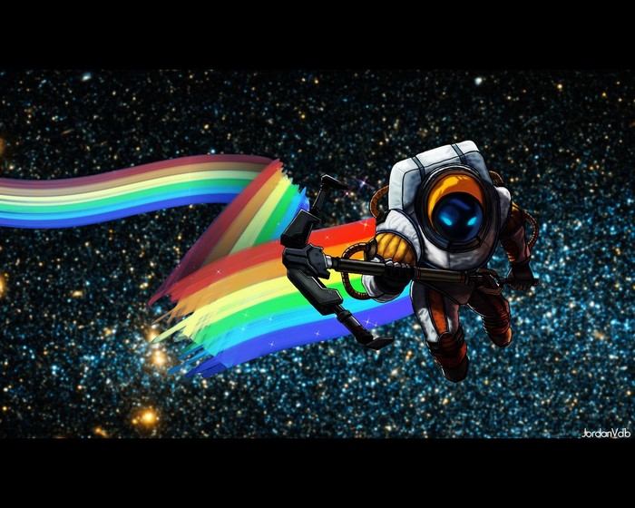 Astronaut with bow and rainbow in space