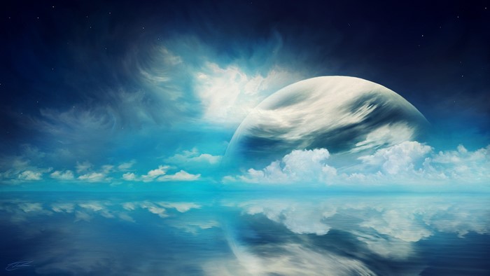 Planet with clouds reflected in water