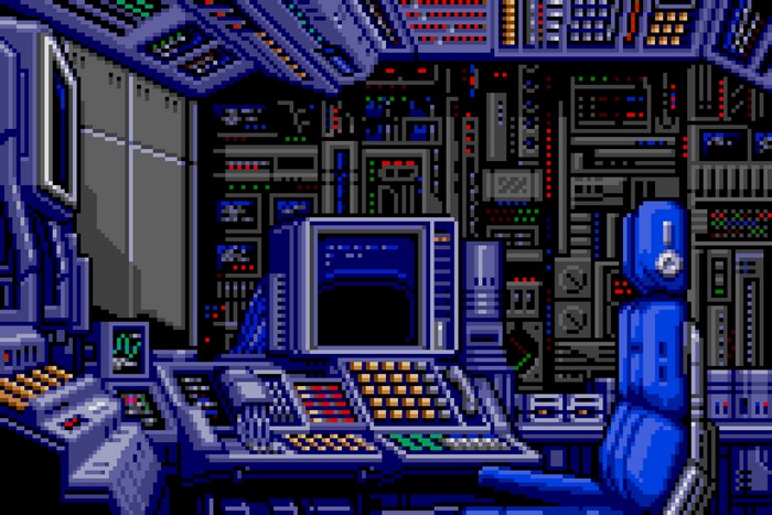 Pixel art of a futuristic computer control room