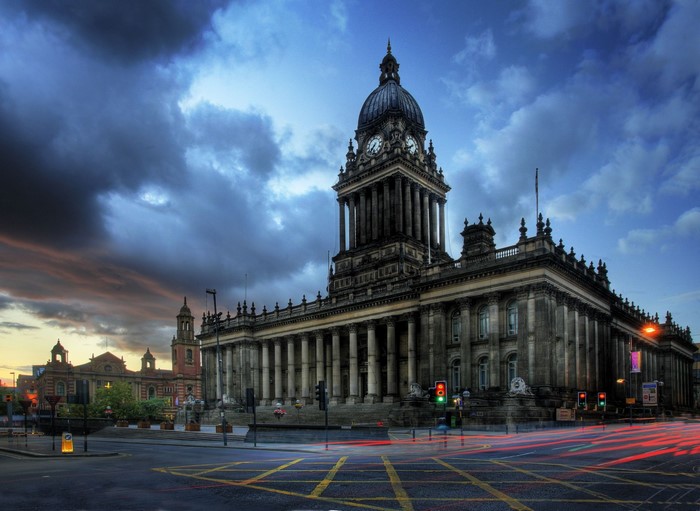 Leeds City Hall with clock tower and light trails