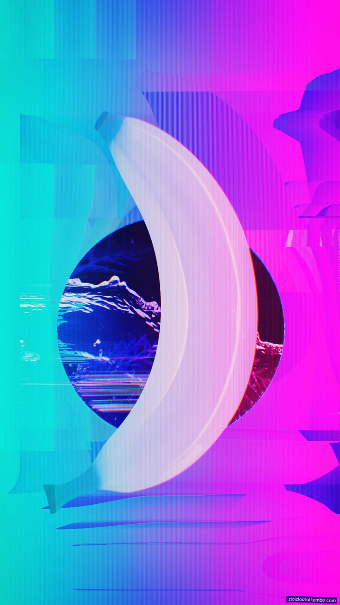 Glitch art banana over water with neon background