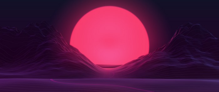 Neon sunset over wireframe mountains