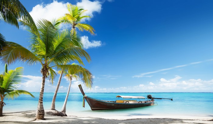 Tropical Beach with Palm Trees and Traditional Boat