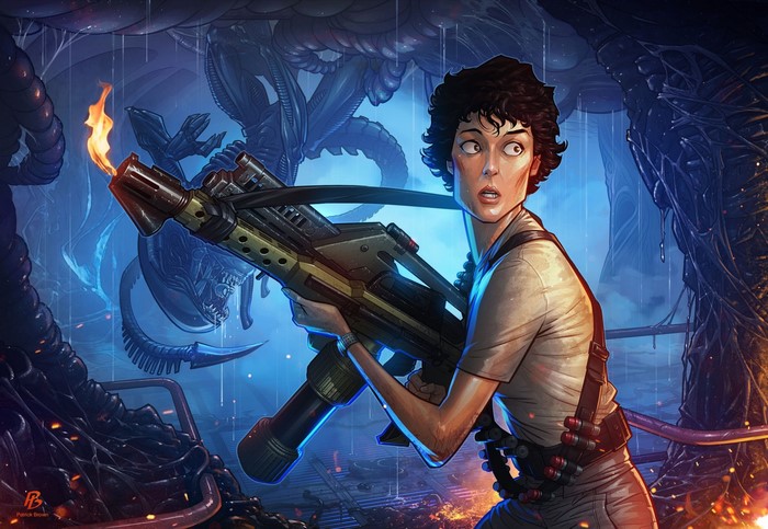 Ellen Ripley with flamethrower and Xenomorphs