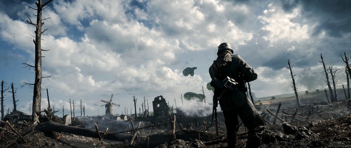 Soldier in a destroyed battlefield with zeppelins