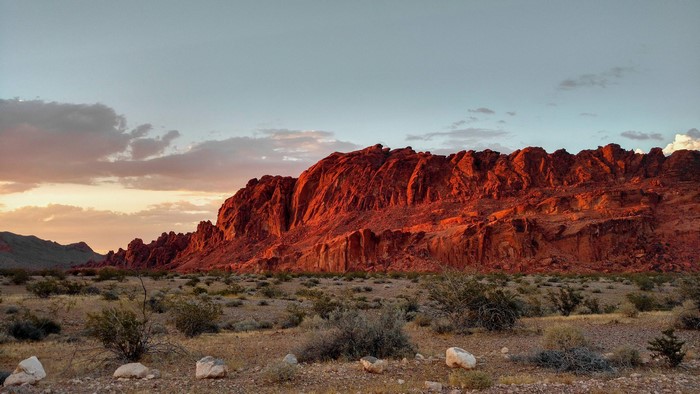 Red rock formations at sunset in Nevada desert