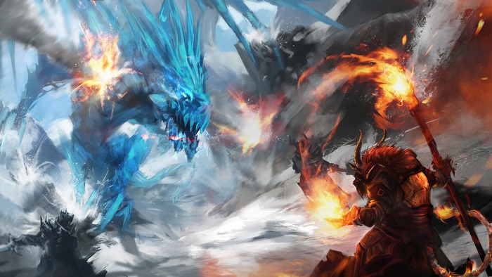 Ice Dragon and Fire Warrior clash in Guild Wars 2