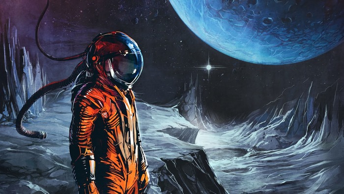 Astronaut on an alien planet with a large blue planet in the sky