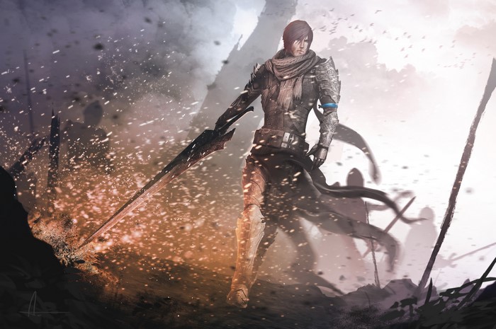 Warrior with sword in a war-torn landscape