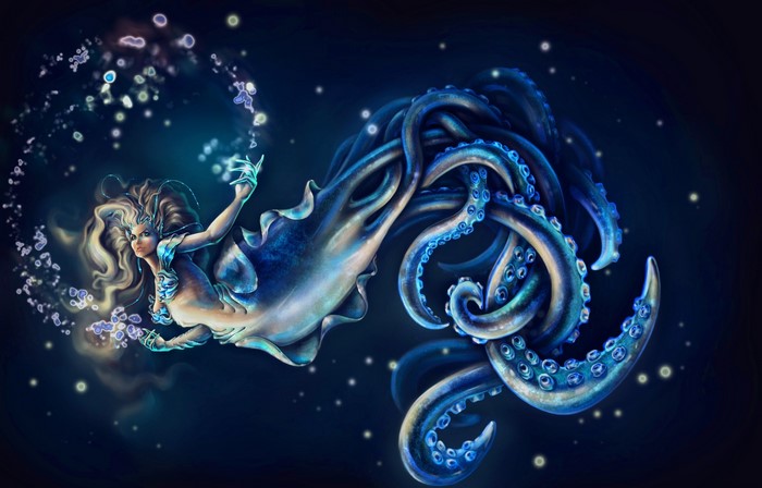 Mermaid with Octopus Tentacles in Deep Blue Water