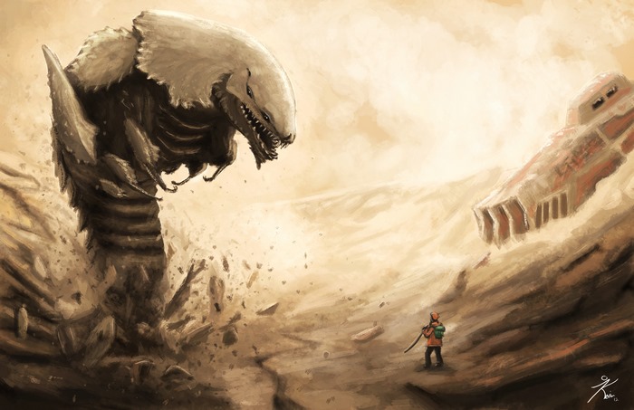 Giant sandworm attacks a lone traveler in a desert landscape