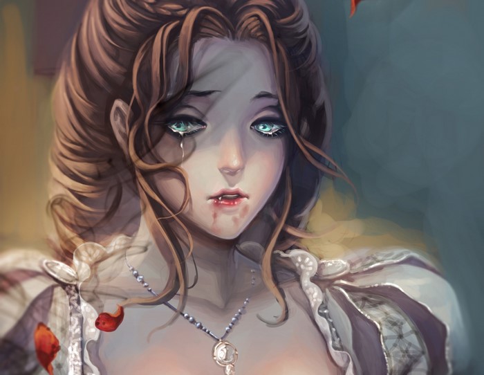 Sad woman with blood on her lips and tears