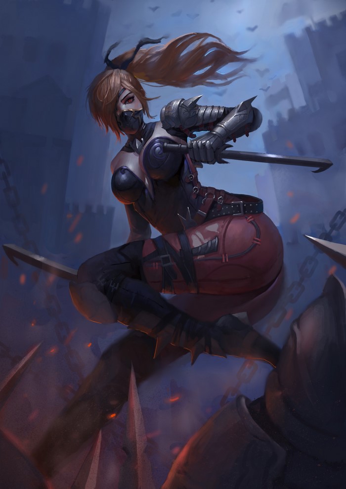 Assassin with sword in front of castle