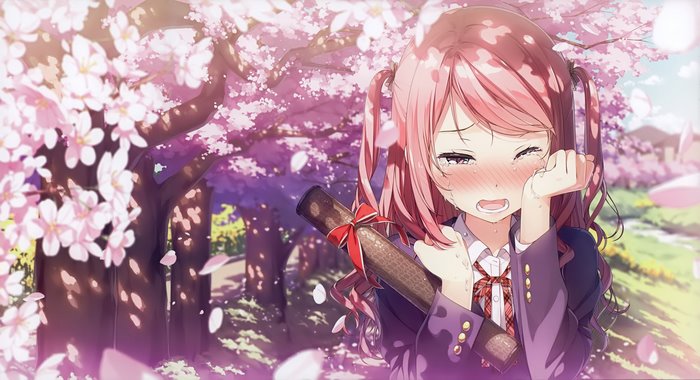 Kurumi from Kantoku crying under cherry blossoms
