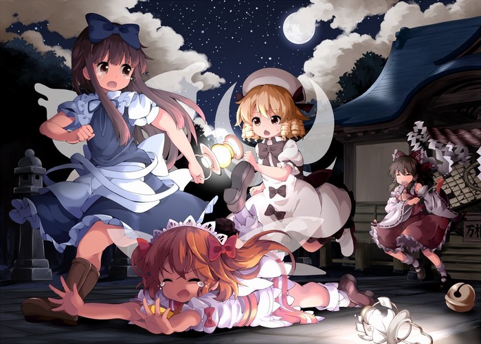 Touhou characters in a shrine at night