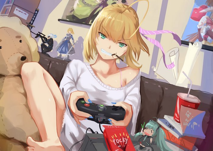 Saber from Fate/stay night playing Xbox 360 with Hatsune Miku figure