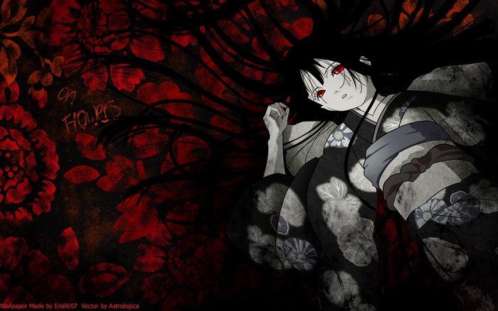 Anime girl with red eyes and dark hair in a kimono