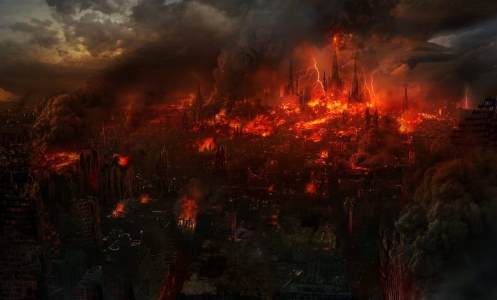 Apocalyptic cityscape engulfed in fire and smoke