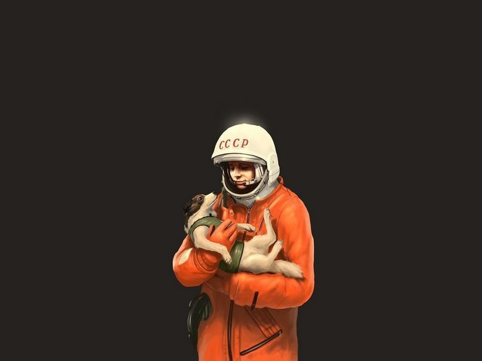 Astronaut holding a dog with CCCP helmet
