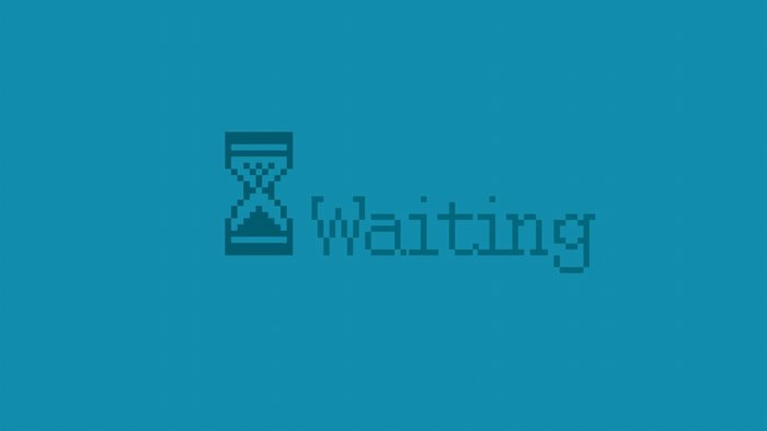 Pixelated hourglass and waiting text on blue background