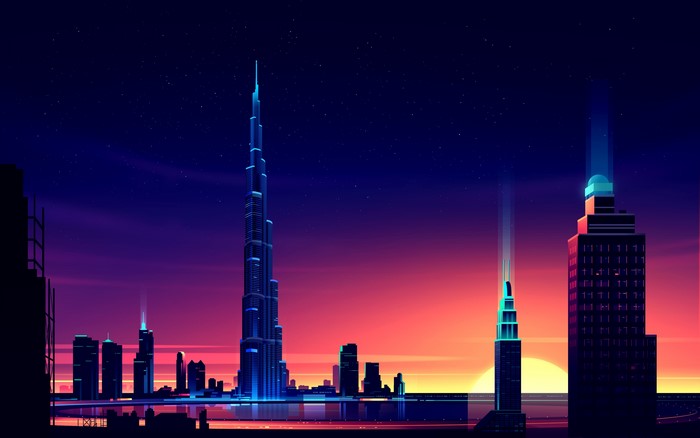 Night cityscape with Burj Khalifa in Dubai