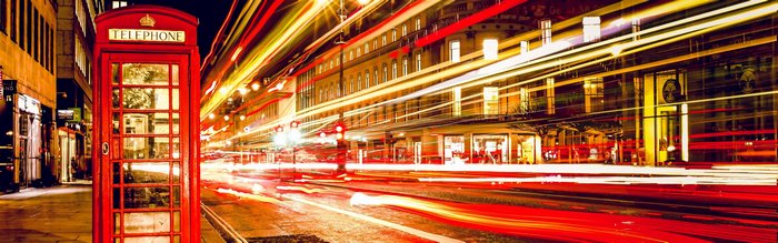 London phone box and light trails at night