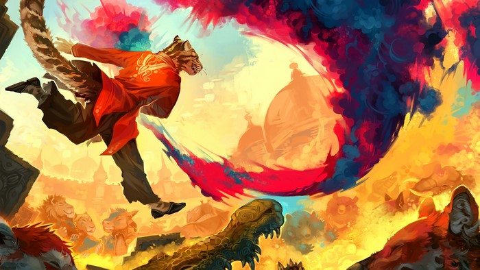 Anthropomorphic tiger in red coat leaping through colorful abstract art