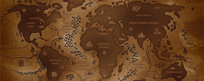 Inverted world map with fantasy kingdoms and oceans
