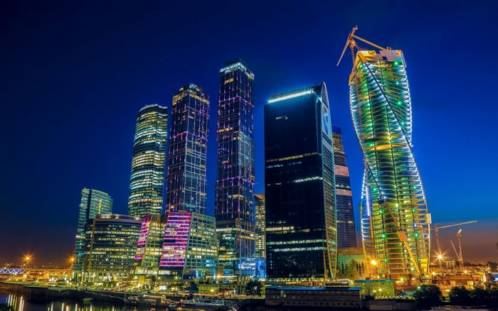Moscow Russia Cityscape Skyscrapers at Night