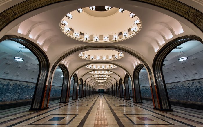 Moscow Metro Station Architecture with Arches and Lights