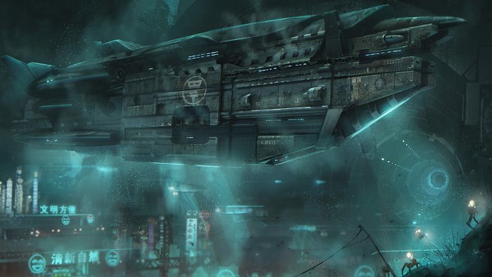 Futuristic spaceship over a neon-lit city