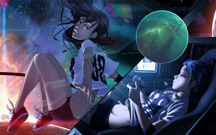 Two girls in a futuristic space setting