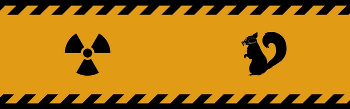 Radioactive warning sign and squirrel with gas mask