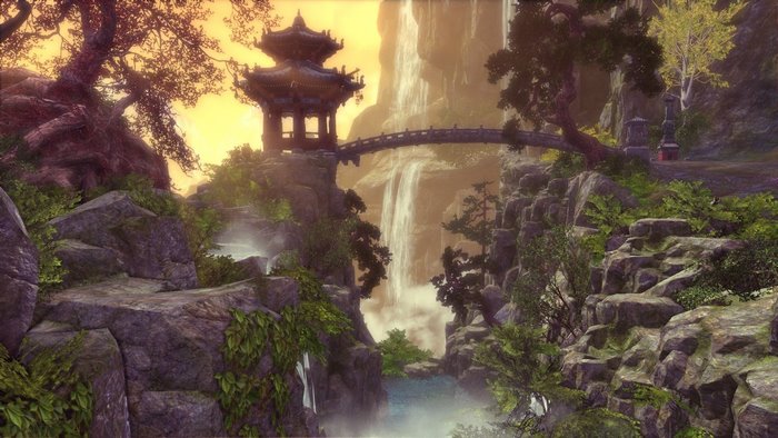 Blade & Soul: Pagoda bridge and waterfall landscape