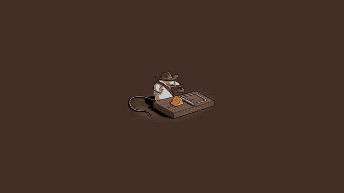 Mouse dressed as Indiana Jones with cheese on a trap