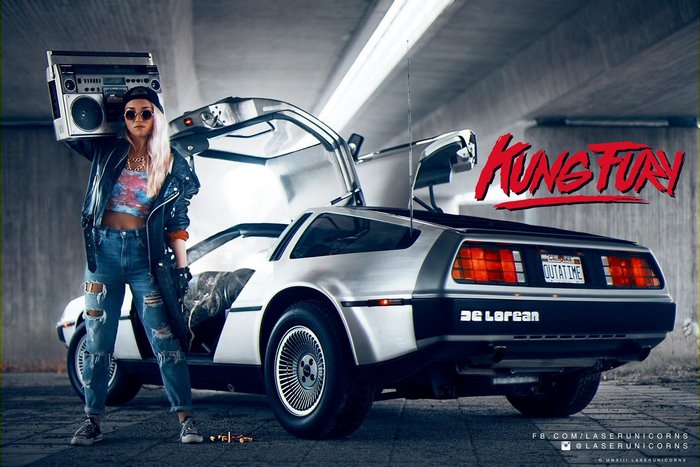 Kung Fury DeLorean with Woman Holding Boombox