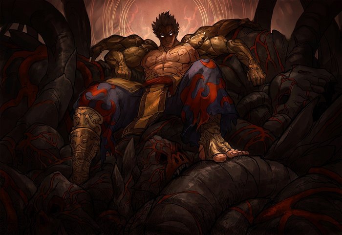 Asura from Asura's Wrath sitting on defeated foes