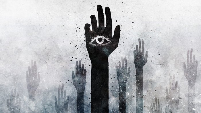The All-Seeing Eye Hand Raised Among Many