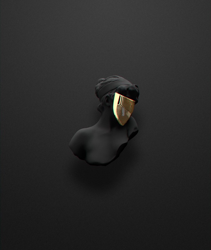 Black sculpture with gold mask on dark background