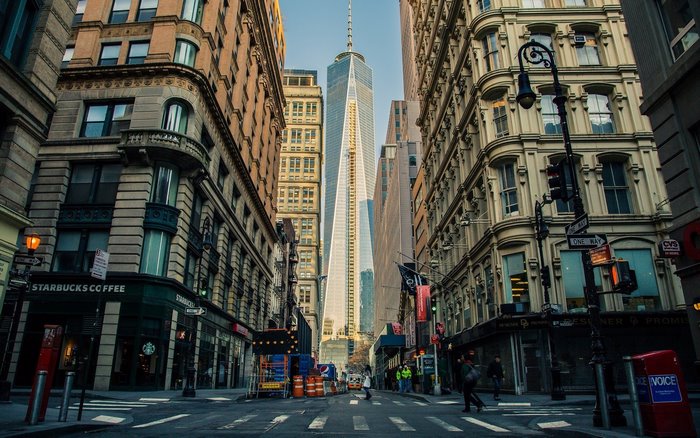 New York City street with One World Trade Center