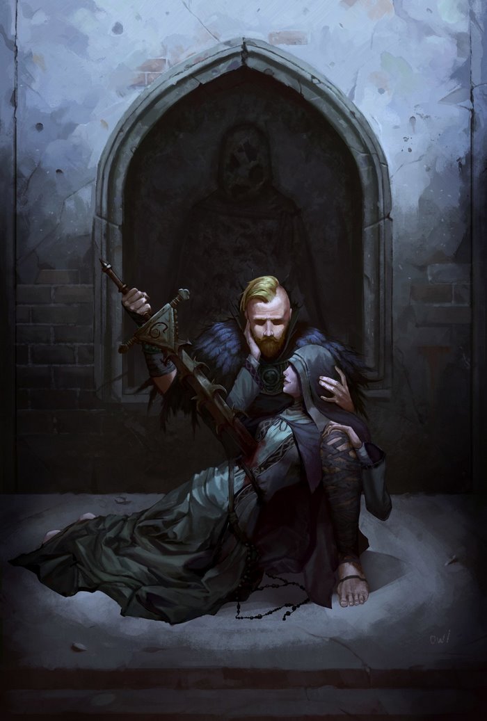 Knight holding a wounded woman with a sword