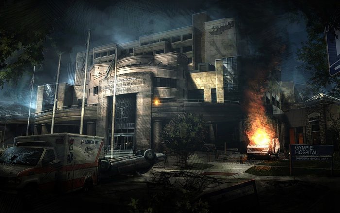 Apocalyptic hospital with burning car and ambulances